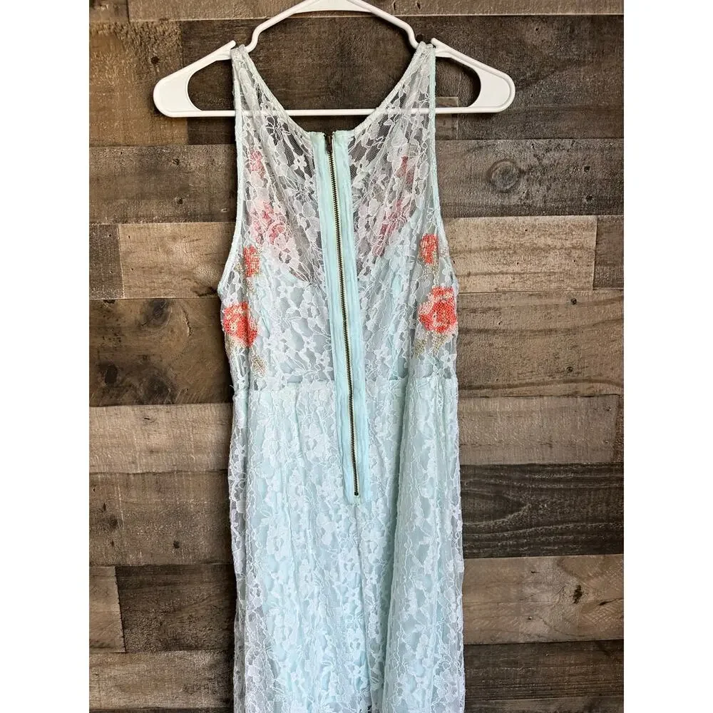 Free People Lace Hi Low Dress L Blue Floral Nesting Doll